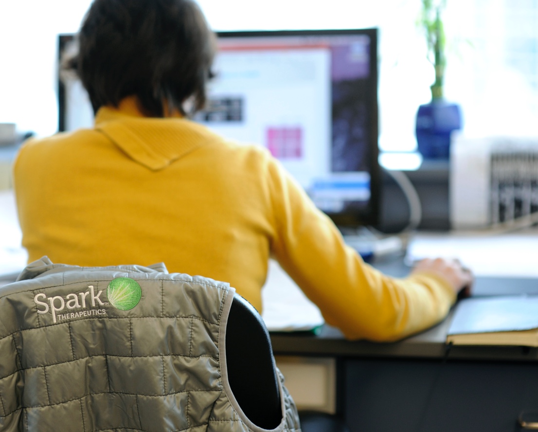 Sparkmedical.com® medical affairs team member Rear view of Spark Therapeutics Medical Affairs team member sitting at a desk and working on a computer